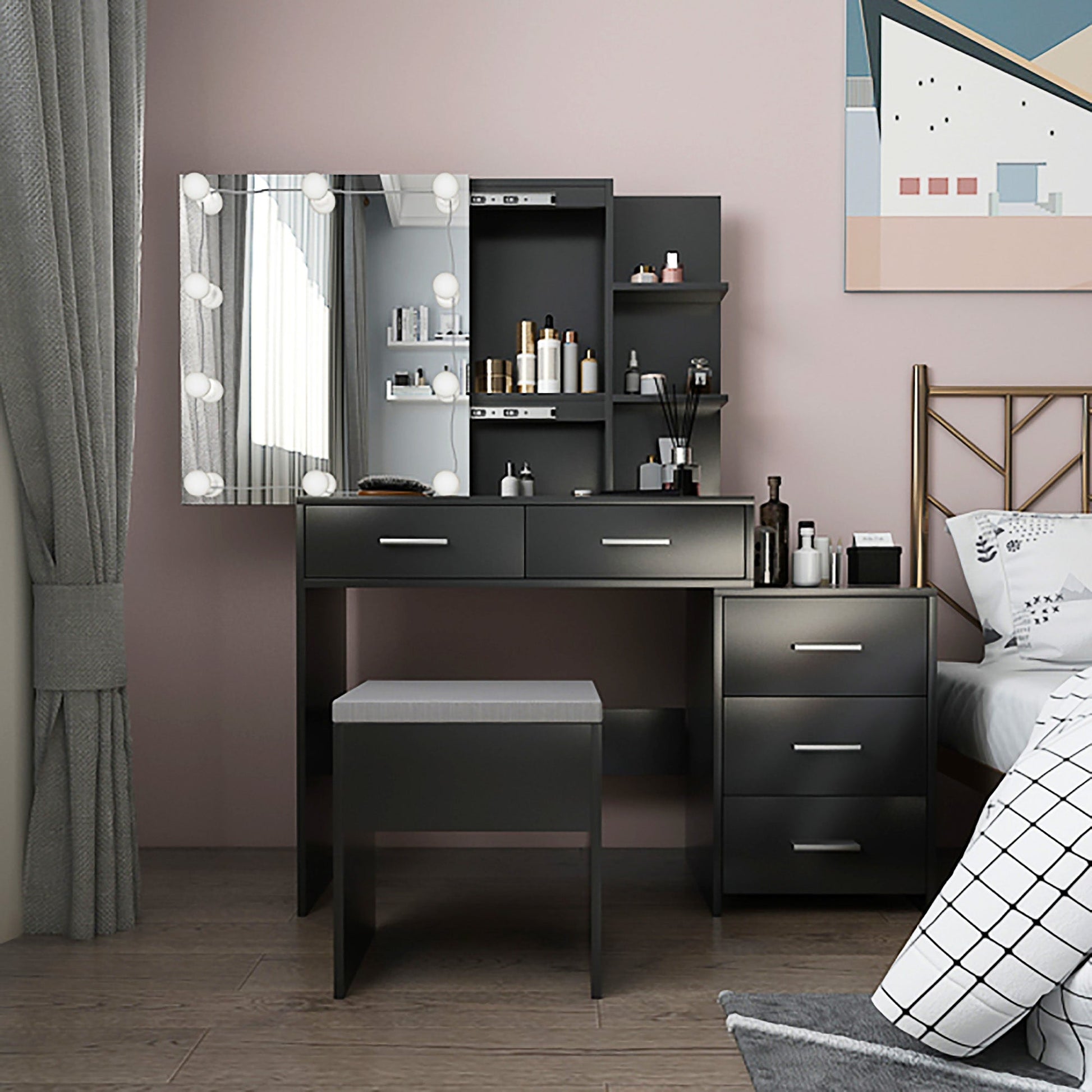 Dresser For Women Particleboard Makeup Vanity Set Table 5 Pumps 2 Shelves F427 - Lusy Store
