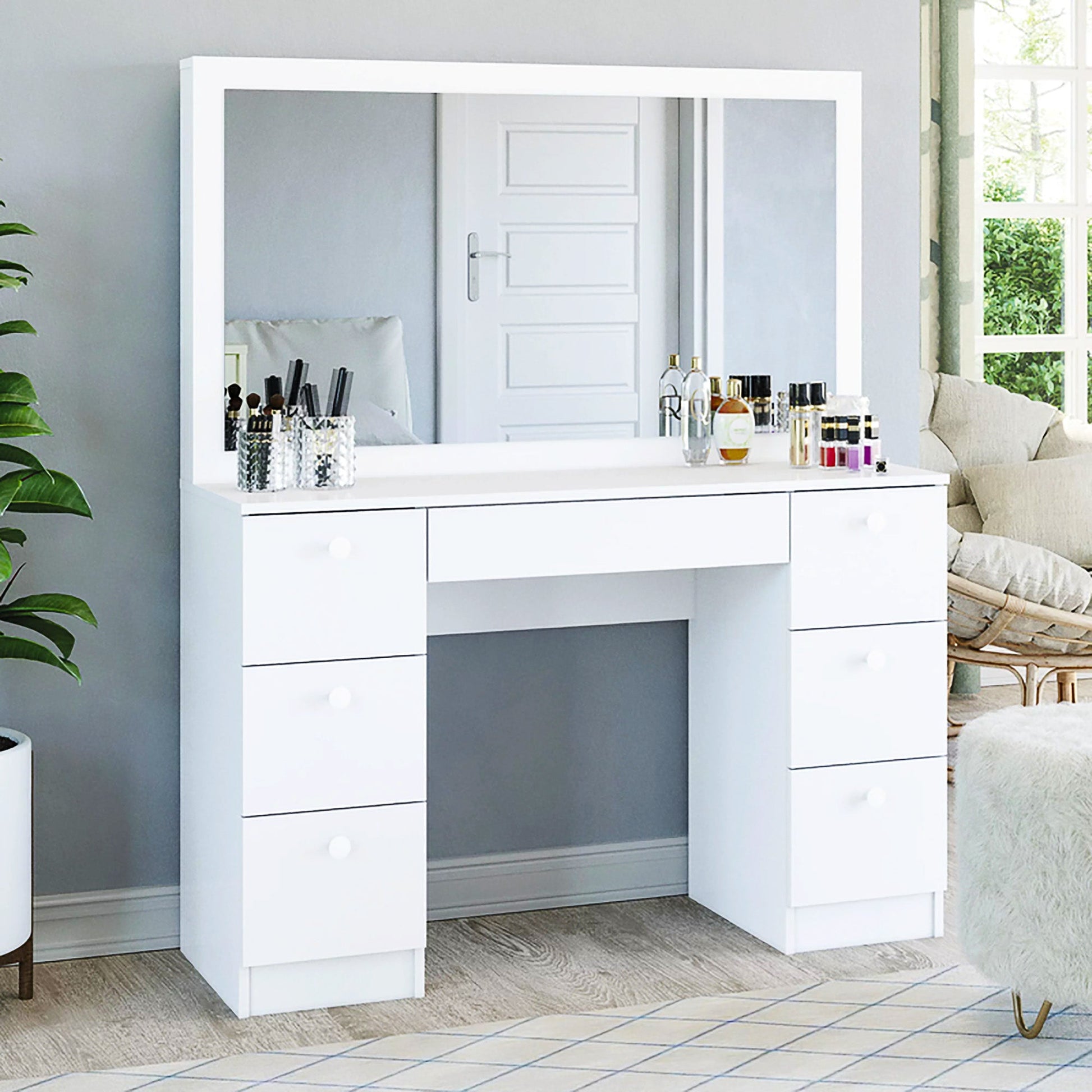 Dresser For Women Vanity Desk Set Modern Corner Desk With MDF Glass Mirror Makeup & 7 Large Drawers F435 - Lusy Store