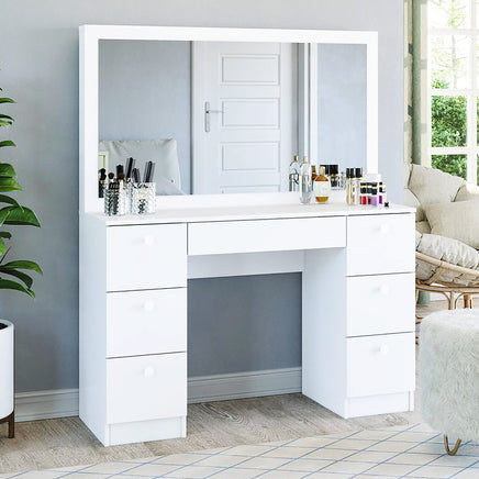 Dresser For Women Vanity Desk Set Modern Corner Desk With MDF Glass Mirror Makeup & 7 Large Drawers F435