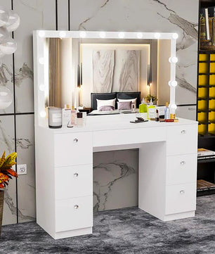 Dresser For Women Vanity Desk Set Modern Corner Desk With MDF Glass Mirror Makeup & 7 Large Drawers F435 - Lusy Store