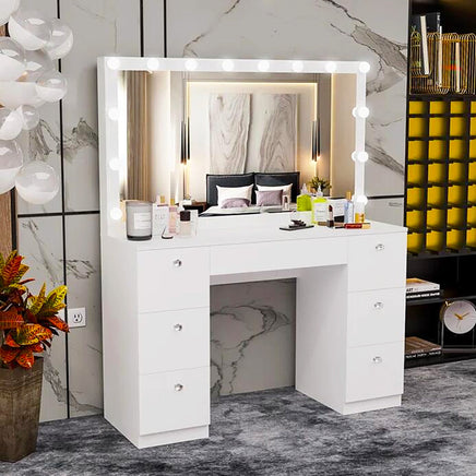 Dresser For Women Vanity Desk Set Modern Corner Desk With MDF Glass Mirror Makeup & 7 Large Drawers F435 White