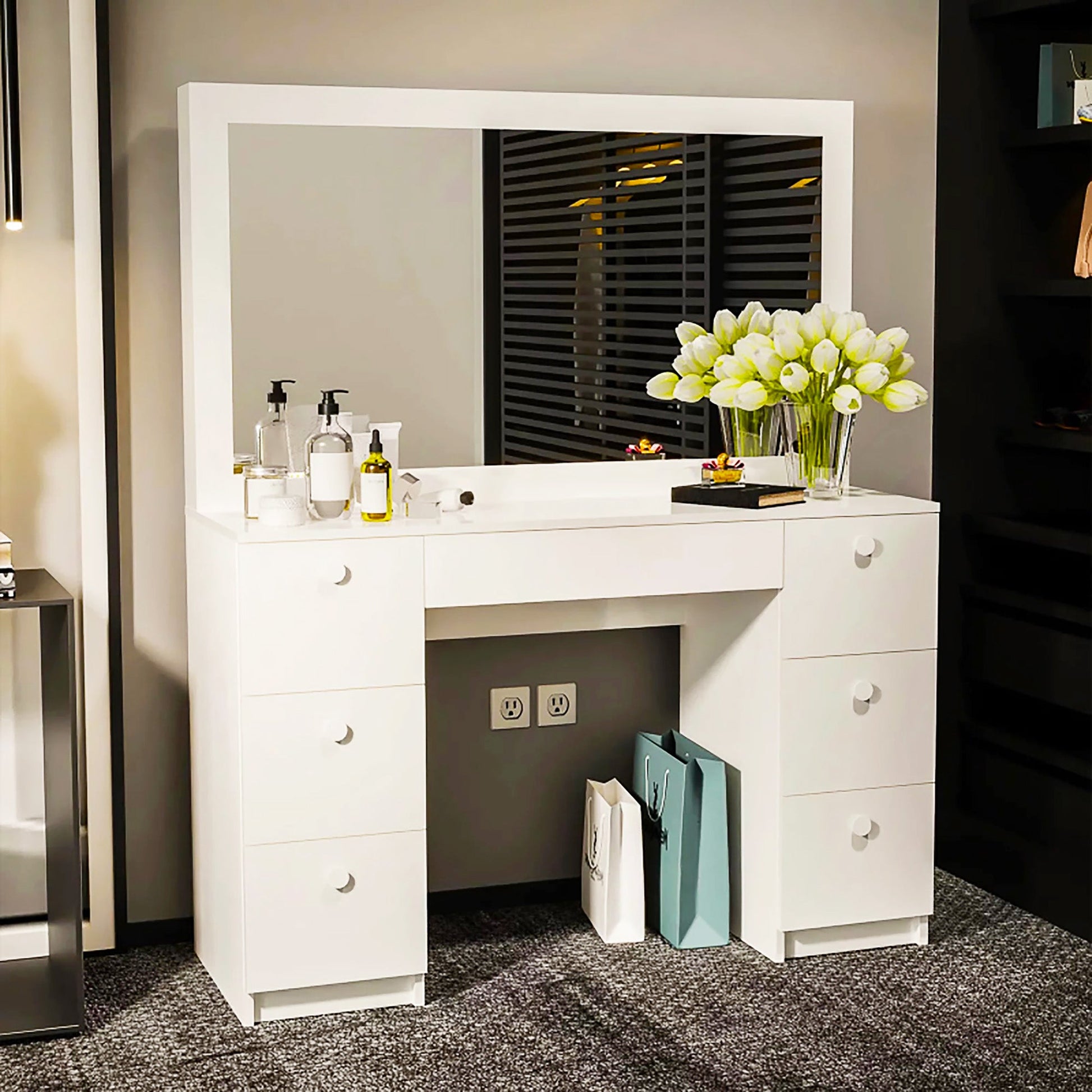 Dresser For Women Vanity Desk Set Modern Corner Desk With MDF Glass Mirror Makeup & 7 Large Drawers F435 - Lusy Store