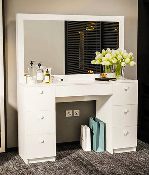 Dresser For Women Vanity Desk Set Modern Corner Desk With MDF Glass Mirror Makeup & 7 Large Drawers F435 - Lusy Store