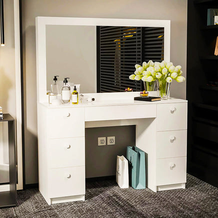 Dresser For Women Vanity Desk Set Modern Corner Desk With MDF Glass Mirror Makeup & 7 Large Drawers F435 Without LED