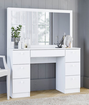Dresser For Women Vanity Desk Set Modern Corner Desk With MDF Glass Mirror Makeup & 7 Large Drawers F435 - Lusy Store
