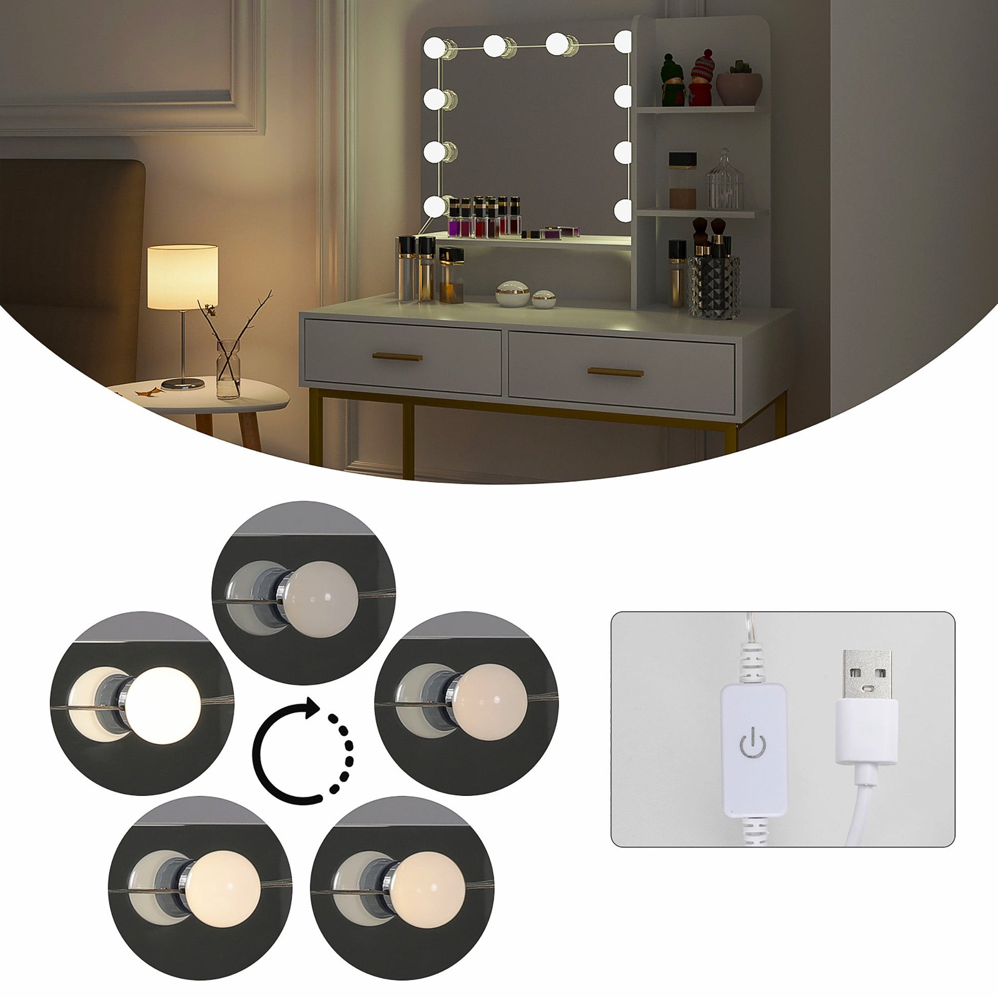 Dresser For Women Vanity Set with 10 LED Bulbs 3 Storage Shelves 2 Drawers Dressing Table F423 - Lusy Store