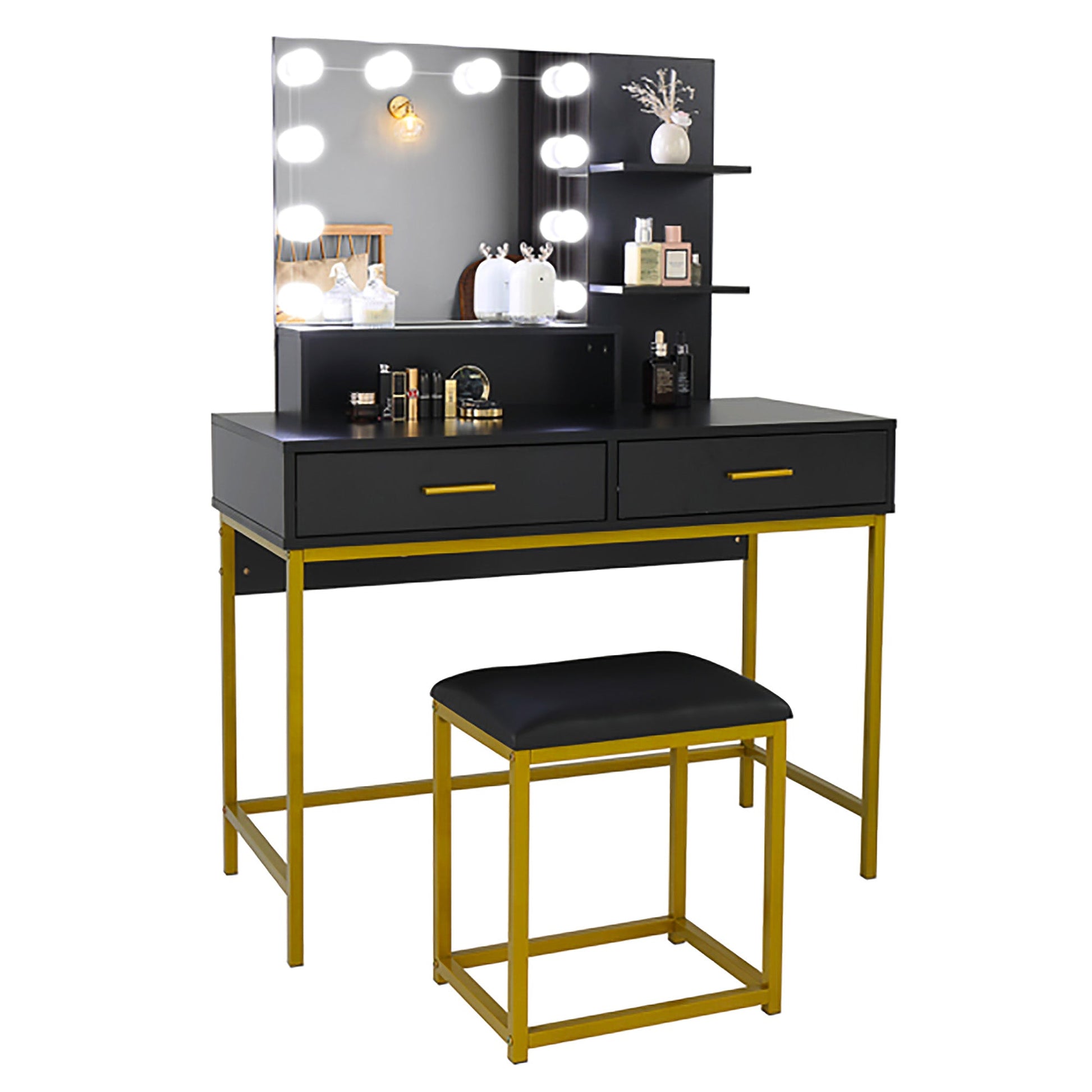 Dresser For Women Vanity Set with 10 LED Bulbs 3 Storage Shelves 2 Drawers Dressing Table F423 - Lusy Store