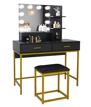 Dresser For Women Vanity Set with 10 LED Bulbs 3 Storage Shelves 2 Drawers Dressing Table F423 - Lusy Store