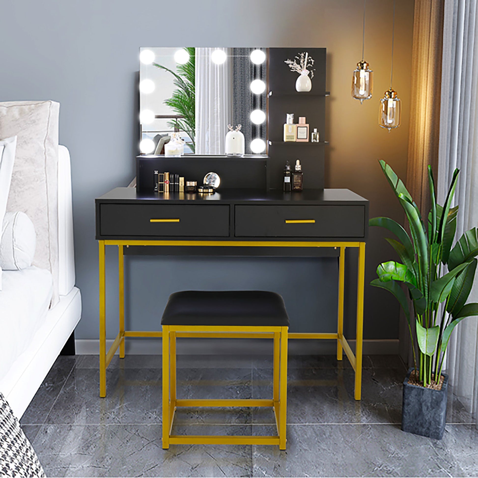 Dresser For Women Vanity Set with 10 LED Bulbs 3 Storage Shelves 2 Drawers Dressing Table F423 - Lusy Store
