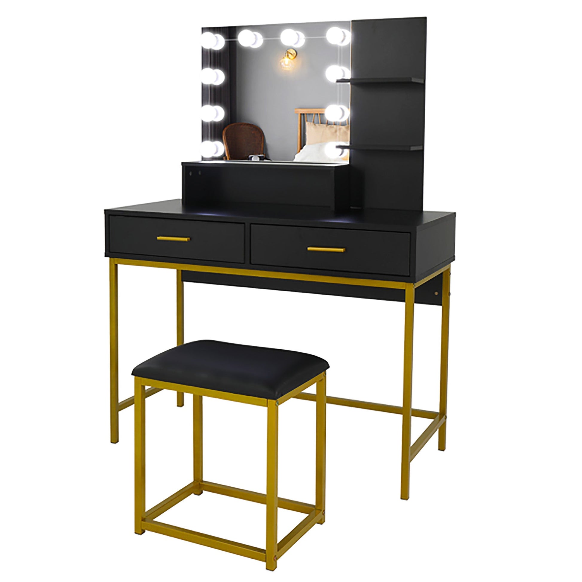 Dresser For Women Vanity Set with 10 LED Bulbs 3 Storage Shelves 2 Drawers Dressing Table F423 - Lusy Store