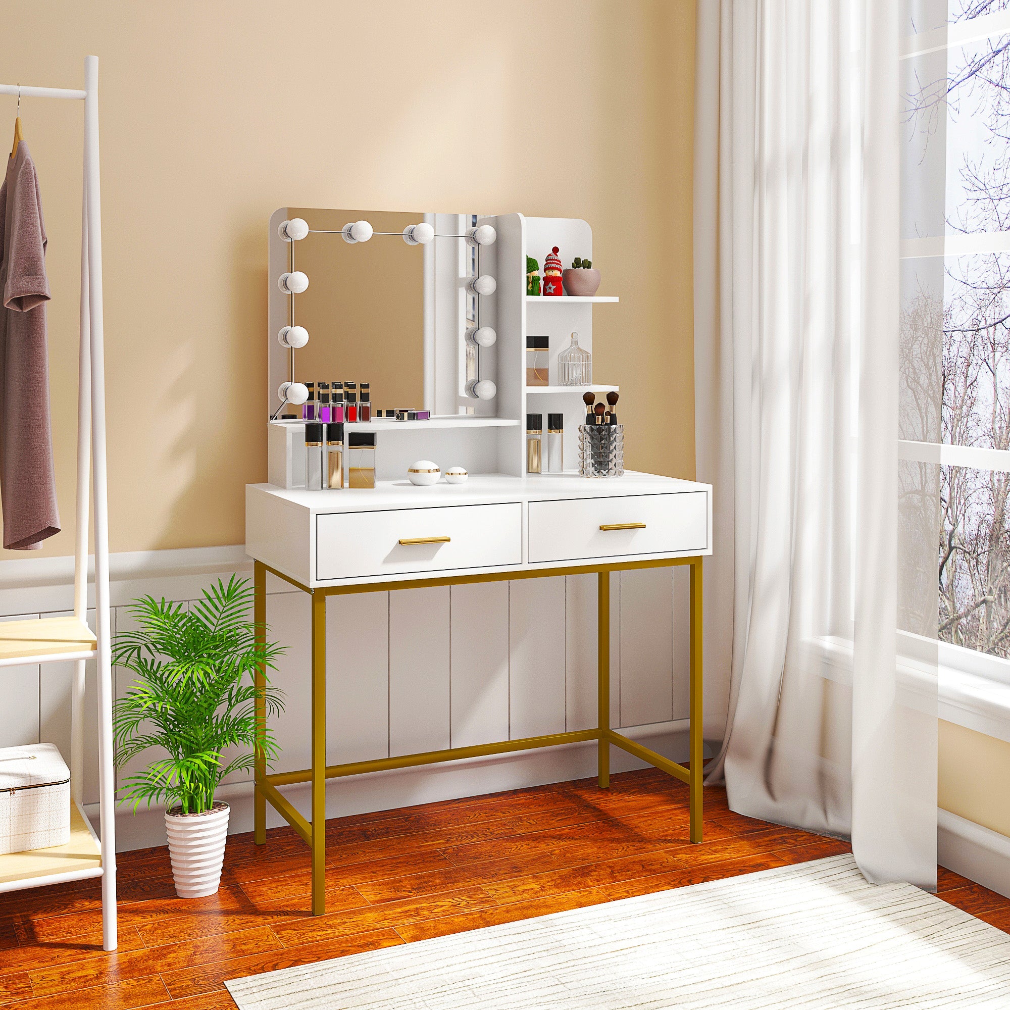 Dresser For Women Vanity Set with 10 LED Bulbs 3 Storage Shelves 2 Drawers  Dressing Table F423