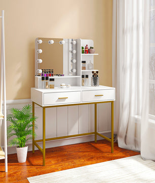 Dresser For Women Vanity Set with 10 LED Bulbs 3 Storage Shelves 2 Drawers Dressing Table F423 - Lusy Store