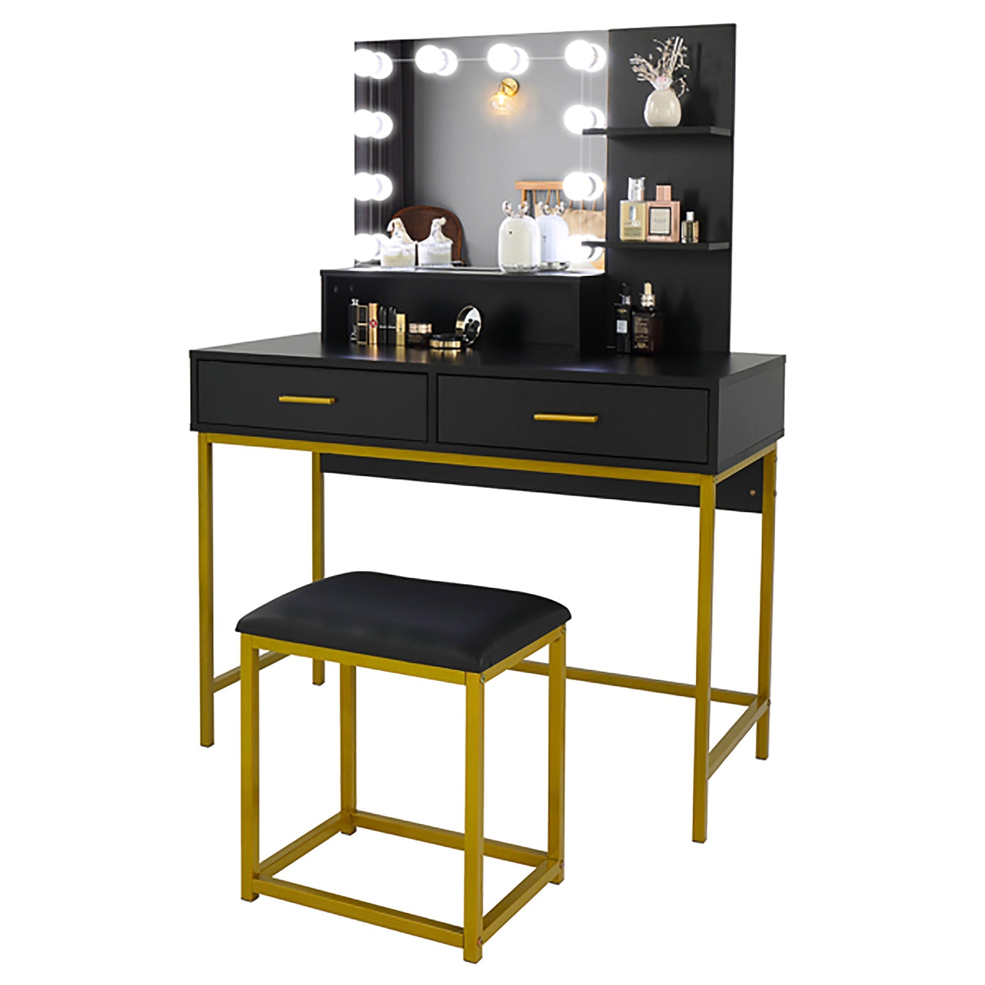Dresser For Women Vanity Set with 10 LED Bulbs 3 Storage Shelves 2 Drawers Dressing Table F423 - Lusy Store