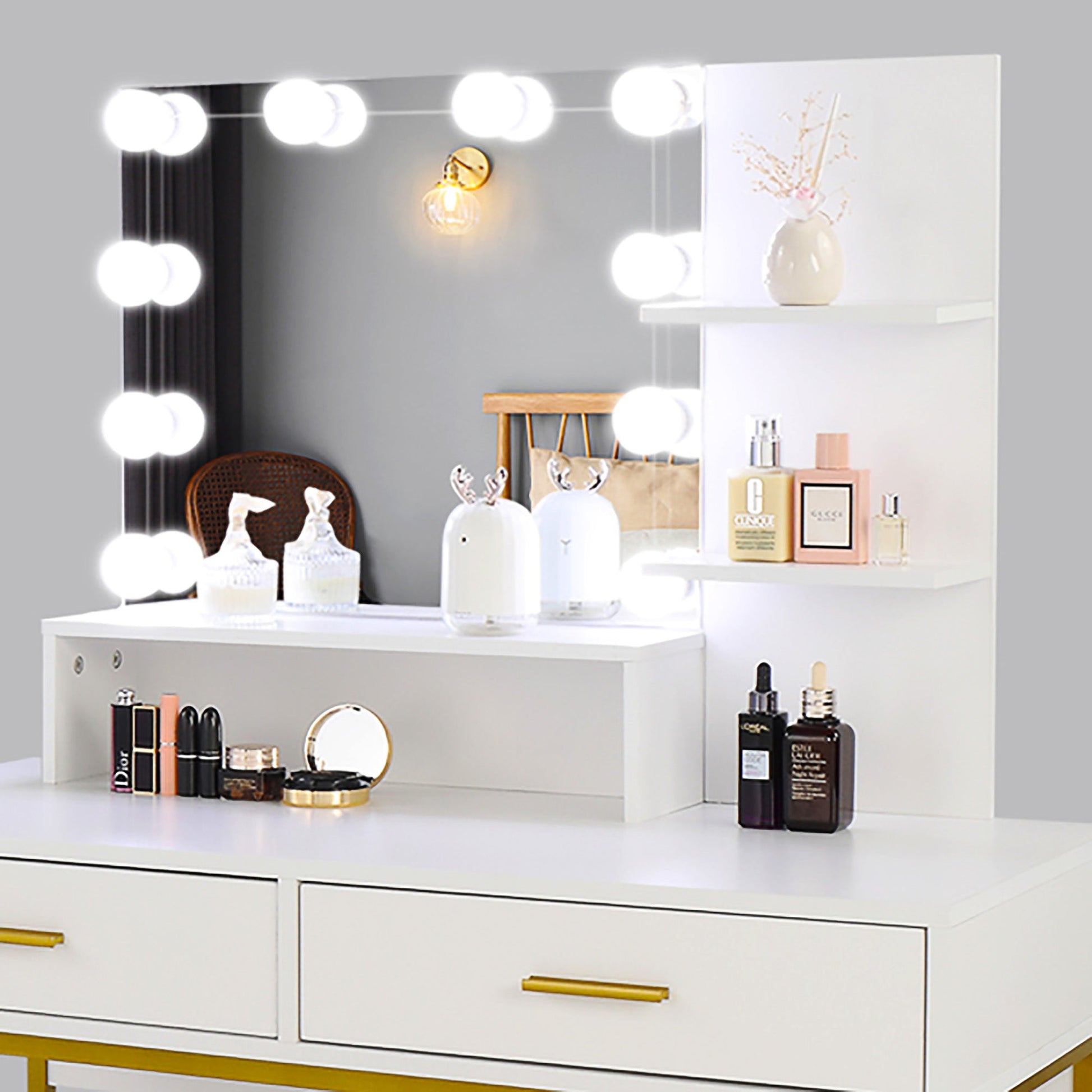 Dresser For Women Vanity Set with 10 LED Bulbs 3 Storage Shelves 2 Drawers Dressing Table F423 - Lusy Store