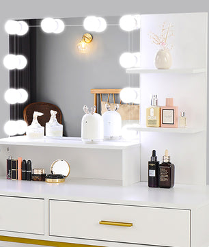 Dresser For Women Vanity Set with 10 LED Bulbs 3 Storage Shelves 2 Drawers Dressing Table F423 - Lusy Store