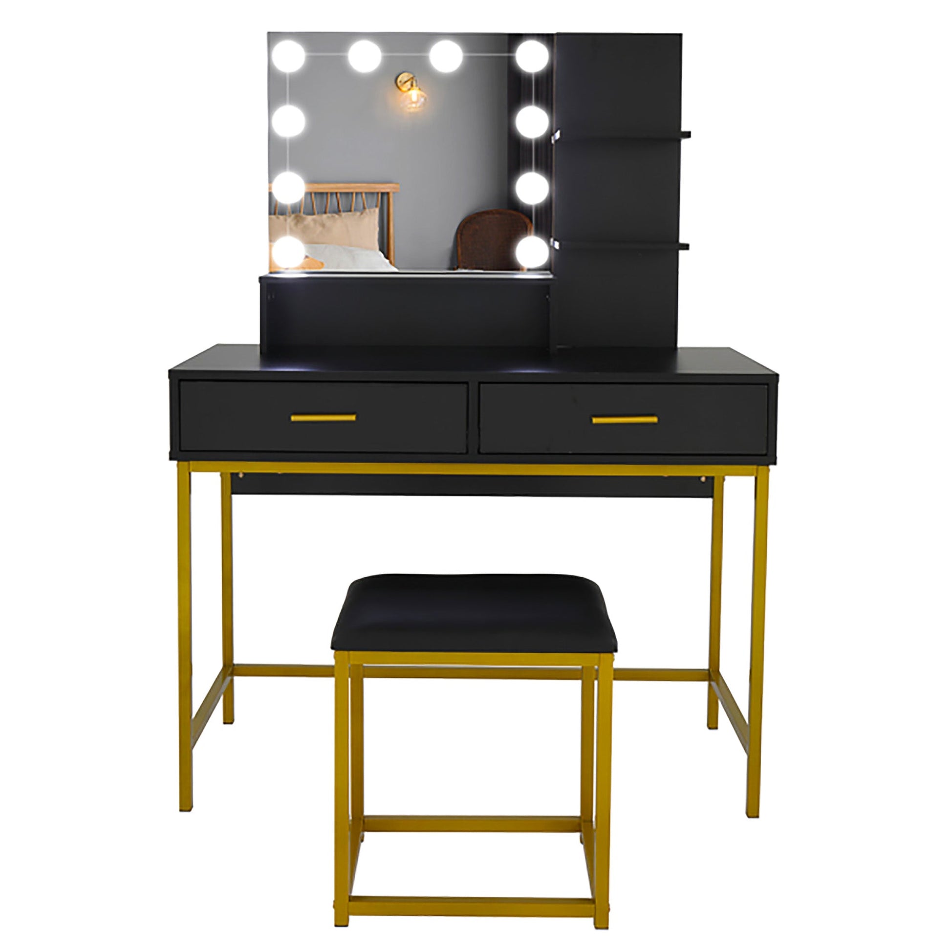 Dresser For Women Vanity Set with 10 LED Bulbs 3 Storage Shelves 2 Drawers Dressing Table F423 - Lusy Store