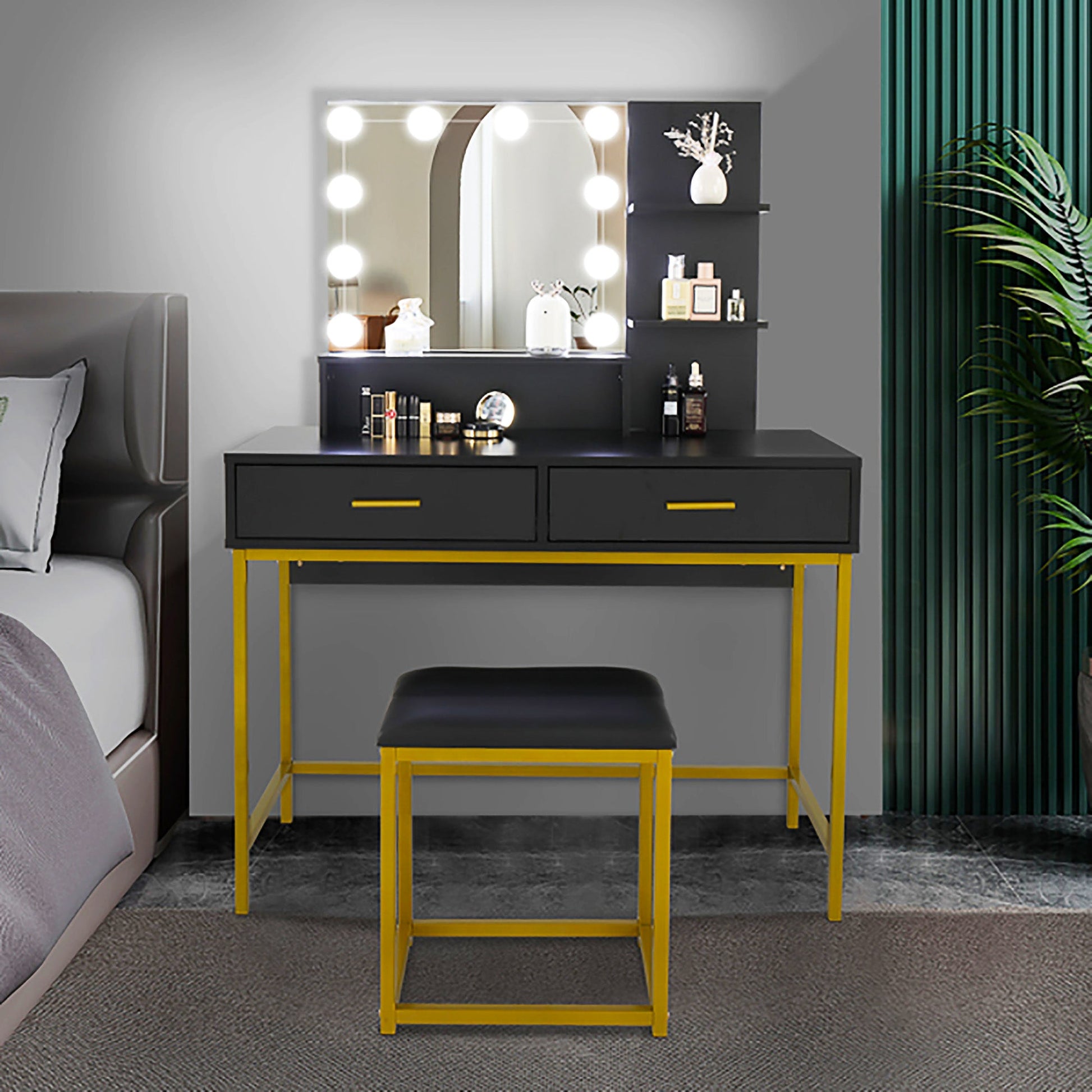 Dresser For Women Vanity Set with 10 LED Bulbs 3 Storage Shelves 2 Drawers Dressing Table F423 - Lusy Store