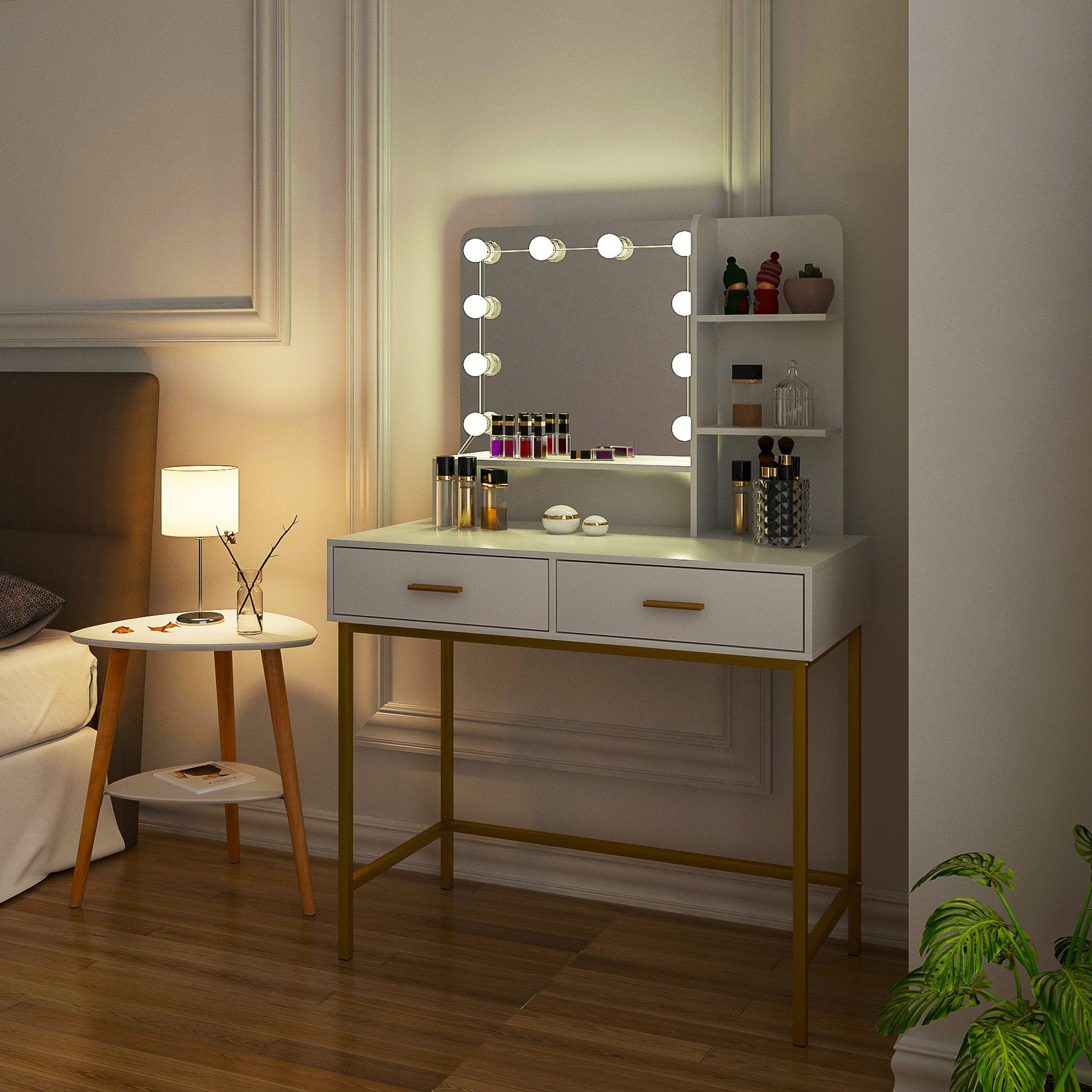 Dresser For Women Vanity Set with 10 LED Bulbs 3 Storage Shelves 2 Drawers Dressing Table F423 - Lusy Store