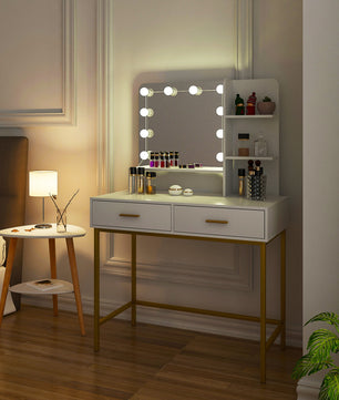 Dresser For Women Vanity Set with 10 LED Bulbs 3 Storage Shelves 2 Drawers Dressing Table F423 - Lusy Store
