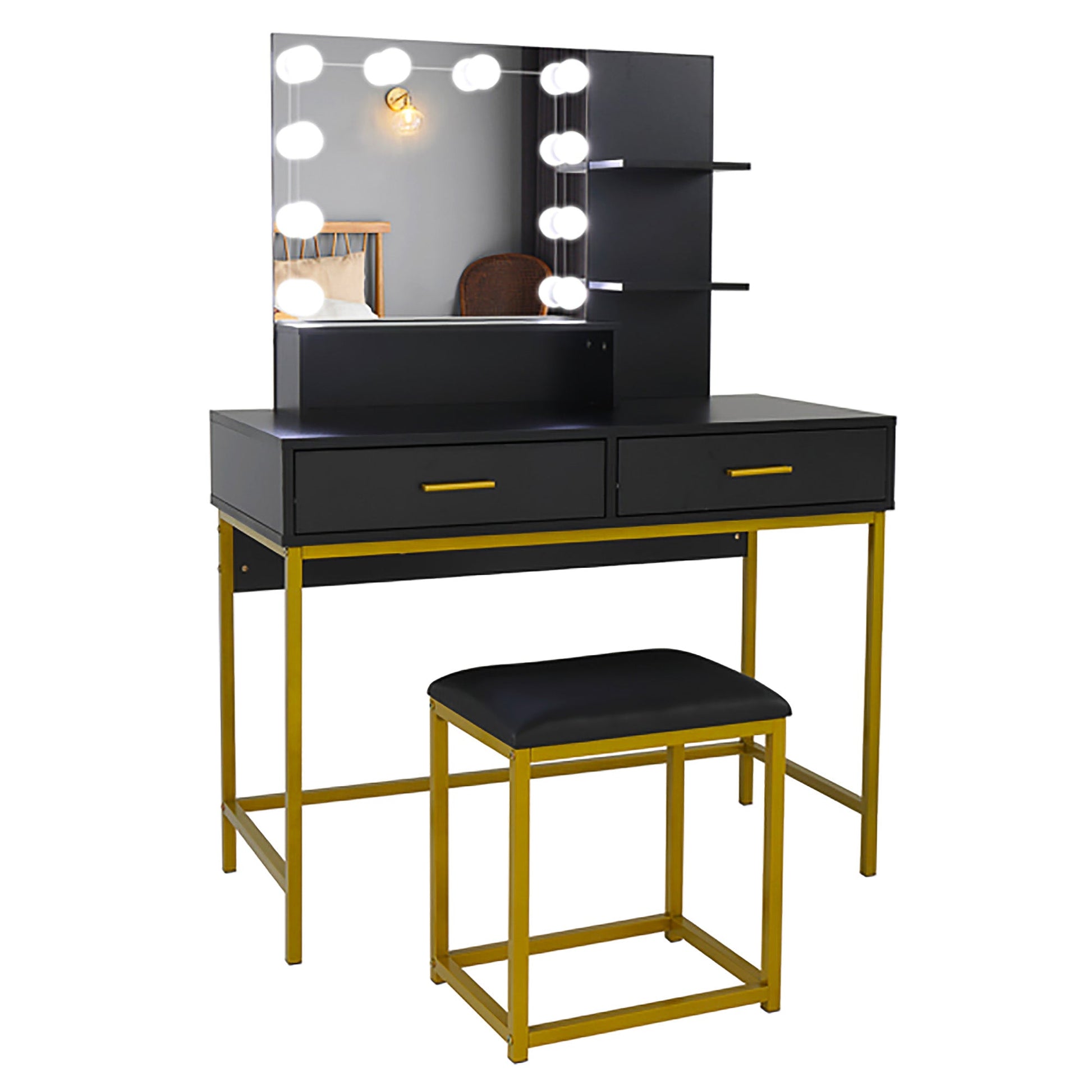 Dresser For Women Vanity Set with 10 LED Bulbs 3 Storage Shelves 2 Drawers Dressing Table F423 - Lusy Store