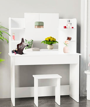 Dresser For Women White Table Set with Removable Mirror and Stool Bedroom F433 - Lusy Store