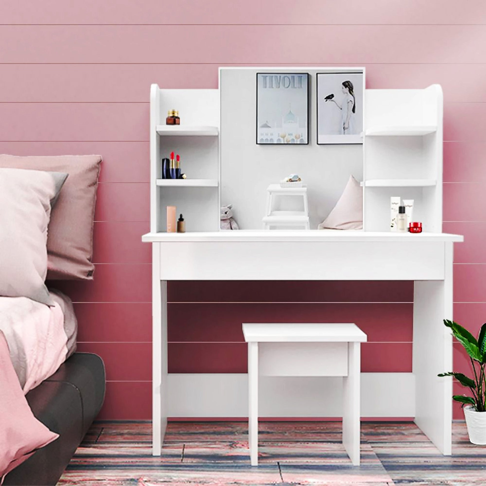 Dresser For Women White Table Set with Removable Mirror and Stool Bedroom F433 - Lusy Store