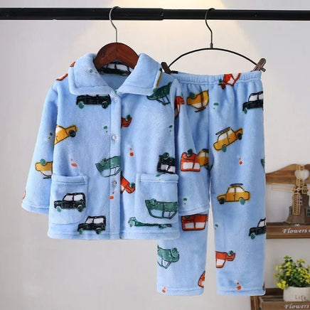 Flannel Pajamas Sets Boys Girls Cartoon Long Sleeve Lapel Tops with Pants PJM Sleepwear Clothing - Lusy Store LLC