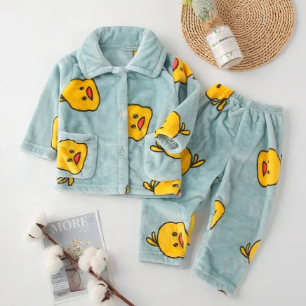 Flannel Pajamas Sets Boys Girls Cartoon Long Sleeve Lapel Tops with Pants PJM Sleepwear Clothing - Lusy Store LLC