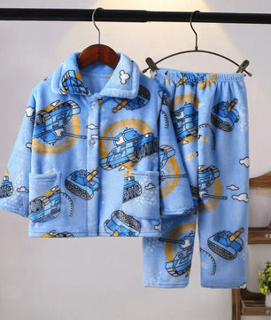 Flannel Pajamas Sets Boys Girls Cartoon Long Sleeve Lapel Tops with Pants PJM Sleepwear Clothing - Lusy Store LLC