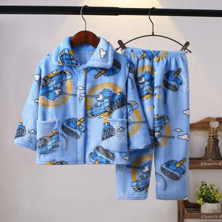 Flannel Pajamas Sets Boys Girls Cartoon Long Sleeve Lapel Tops with Pants PJM Sleepwear Clothing - Lusy Store LLC