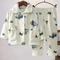 Flannel Pajamas Sets Boys Girls Cartoon Long Sleeve Lapel Tops with Pants PJM Sleepwear Clothing - Lusy Store LLC