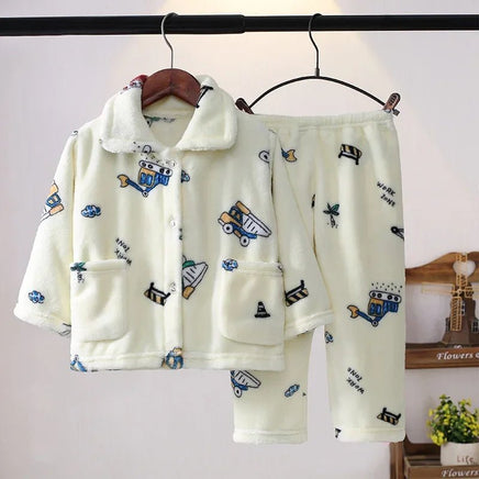 Flannel Pajamas Sets Boys Girls Cartoon Long Sleeve Lapel Tops with Pants PJM Sleepwear Clothing - Lusy Store LLC