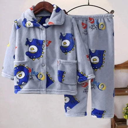 Flannel Pajamas Sets Boys Girls Cartoon Long Sleeve Lapel Tops with Pants PJM Sleepwear Clothing - Lusy Store LLC