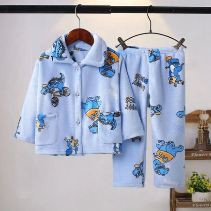 Flannel Pajamas Sets Boys Girls Cartoon Long Sleeve Lapel Tops with Pants PJM Sleepwear Clothing - Lusy Store LLC