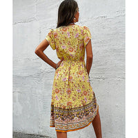 Flowy Pantsuit Green Floral Print Boho Elegant Short Petal Sleeve Dresses Party Vacation Beach Outfits D393