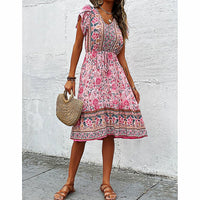 Flowy Pantsuit Green Floral Print Boho Elegant Short Petal Sleeve Dresses Party Vacation Beach Outfits D393