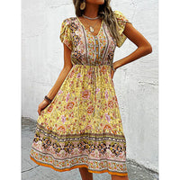 Flowy Pantsuit Green Floral Print Boho Elegant Short Petal Sleeve Dresses Party Vacation Beach Outfits D393
