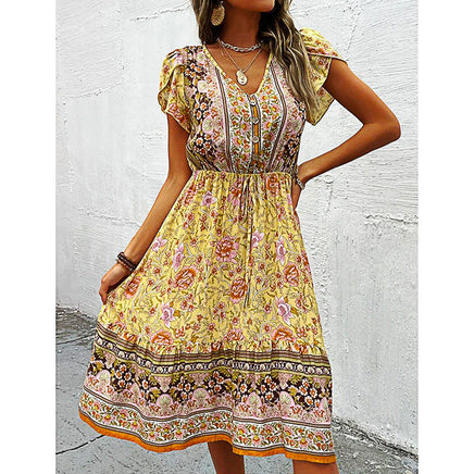 Flowy Pantsuit Green Floral Print Boho Elegant Short Petal Sleeve Dresses Party Vacation Beach Outfits D393
