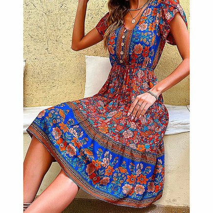 Flowy Pantsuit Green Floral Print Boho Elegant Short Petal Sleeve Dresses Party Vacation Beach Outfits D393