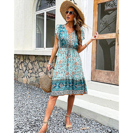 Flowy Pantsuit Green Floral Print Boho Elegant Short Petal Sleeve Dresses Party Vacation Beach Outfits D393 Green