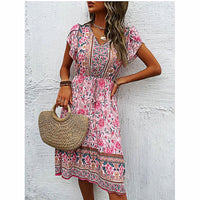 Flowy Pantsuit Green Floral Print Boho Elegant Short Petal Sleeve Dresses Party Vacation Beach Outfits D393 Pink