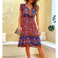 Flowy Pantsuit Green Floral Print Boho Elegant Short Petal Sleeve Dresses Party Vacation Beach Outfits D393