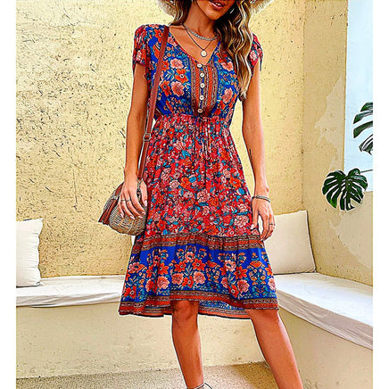 Flowy Pantsuit Green Floral Print Boho Elegant Short Petal Sleeve Dresses Party Vacation Beach Outfits D393