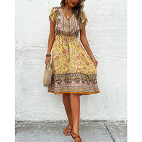 Flowy Pantsuit Green Floral Print Boho Elegant Short Petal Sleeve Dresses Party Vacation Beach Outfits D393 Yellow