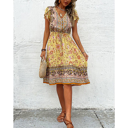Flowy Pantsuit Green Floral Print Boho Elegant Short Petal Sleeve Dresses Party Vacation Beach Outfits D393 Yellow