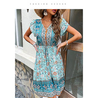 Flowy Pantsuit Green Floral Print Boho Elegant Short Petal Sleeve Dresses Party Vacation Beach Outfits D393