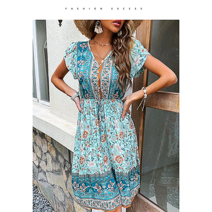 Flowy Pantsuit Green Floral Print Boho Elegant Short Petal Sleeve Dresses Party Vacation Beach Outfits D393