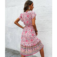 Flowy Pantsuit Green Floral Print Boho Elegant Short Petal Sleeve Dresses Party Vacation Beach Outfits D393