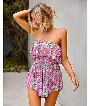 Flowy Pantsuit Off Shoulder Ruffle Rompers Tropical Elastic Waist Shorts Beach Jumpsuit Sleeveless D391 - Lusy Store