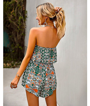 Flowy Pantsuit Off Shoulder Ruffle Rompers Tropical Elastic Waist Shorts Beach Jumpsuit Sleeveless D391 - Lusy Store